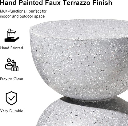 Glitzhome Outdoor Side Table, Round Accent End Table, Lightweight Hourglass Faux Terrazzo Decorative Garden Stool, 17.75" H Gray Planter Stand for Patio Porch Balcony Living Room