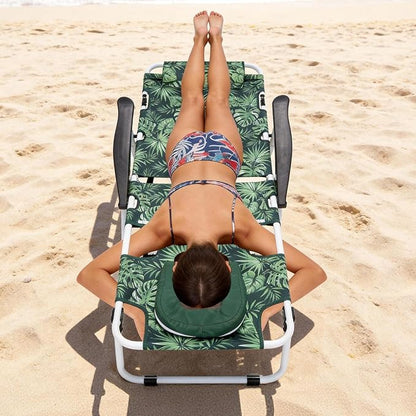 MOPHOTO Oversized Beach Lounge Chair, 5-Position Adjustable Tanning Chair with Face Hole, Heavy Duty Folding Chaise Lounge for Beach, Pool, Patio & Sunbathing
