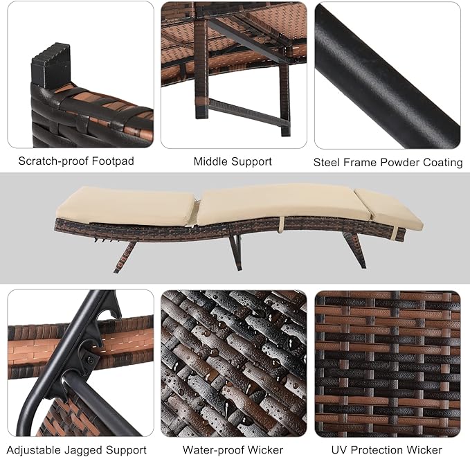 VINGLI Adjustable Patio Wicker Chaise Lounge Outdoor, Rattan Outdoor Lounge Chair, All Weather Patio Chaise Lounge with Adjustable Backrest and Soft Cushions (Brown)