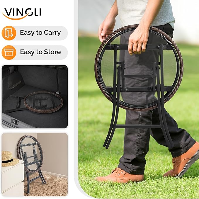 VINGLI 19in Modern Brown Rattan Folding Glass Outdoor Side Table, Small Patio Table with Tempered Glass Top,Round,1 Pack