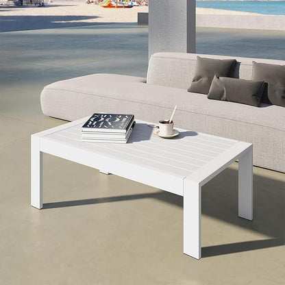 All-Weather Aluminum Outdoor Coffee Table, Modern Rectangle Patio Coffee Table for Balcony Garden, Light Grey