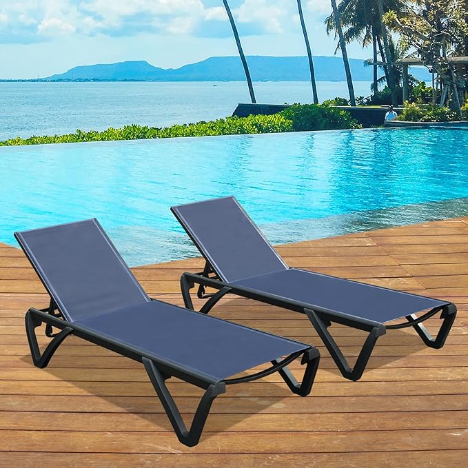 Domi Pool Lounge Chairs Set of 2, Aluminum Adjustable Outdoor Chaise Lounge with Wheels, All Weather Poolside Chairs for Deck Lawn Patio Backyard, Textilene - Navy Blue