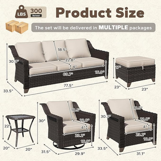 11 Pieces Patio Conversation Furniture Set - 1 Sofa, 2 Ottoman, 2 Armchairs, 4 Swivel Chairs, 2 Side Tables, Outdoor Wicker Furniture with Removable Cushions for Porch, Sunroom (Beige)
