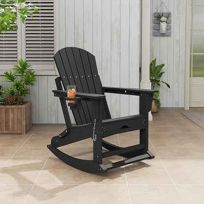 Rocking Adirondack Chairs, Folding Adirondack Rocking Chair With Footrest, Adirondack RockingChair Outdoor With Retractable Ottoman and Cup Holder