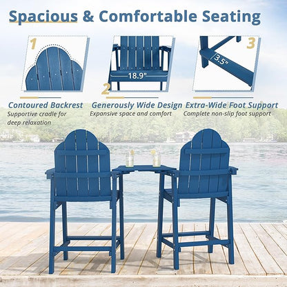 LUE BONA Tall Adirondack Chair Set of 2, All Weather HDPS Bar Height Adirondack Chair with Detachable Table & Umbrella Hole, Adirondack Barstools for Patio, Deck, Backyard & Commercial Use Navy Blue