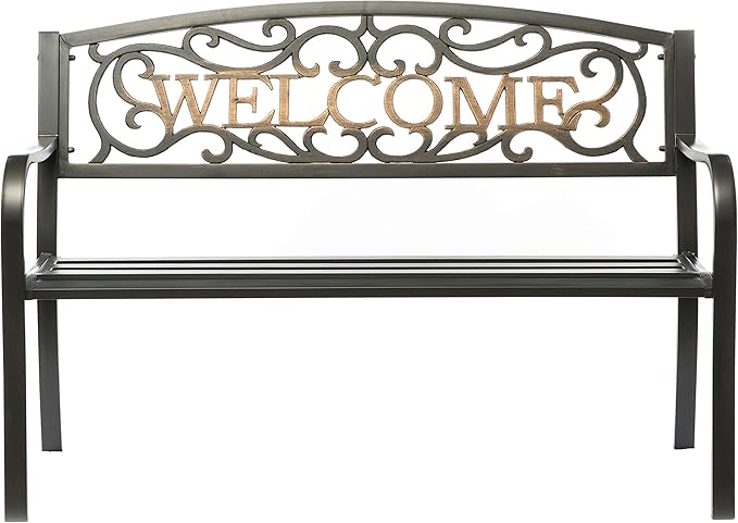 Steel Outdoor Patio Garden Park Seating Bench with Cast Iron Welcome Backrest, Front Porch Yard Bench Lawn Decor