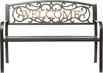 Steel Outdoor Patio Garden Park Seating Bench with Cast Iron Welcome Backrest, Front Porch Yard Bench Lawn Decor