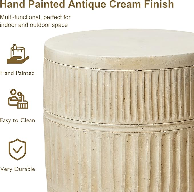 Giltzhome Antique Decorative Garden Stool, 18.5" H Heavy Duty Textured Accent Table, End Side Table, Planter Stand for Garden Patio Lawn Home Indoor Outdoor, Cream White