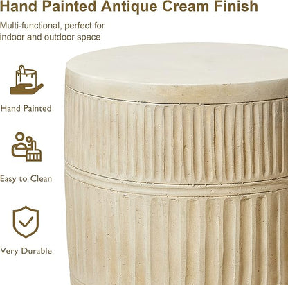 Giltzhome Antique Decorative Garden Stool, 18.5" H Heavy Duty Textured Accent Table, End Side Table, Planter Stand for Garden Patio Lawn Home Indoor Outdoor, Cream White