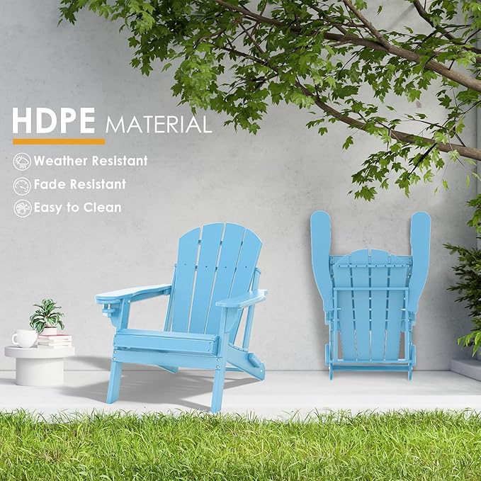 IVY&LANE Folding-Adirondack-Chair | HDPE Plastic | Outdoor Fire Pit Chairs with Cup Holder | Arctic | Poly | Weather Resistant | for Patio Deck Poolside Garden Beach
