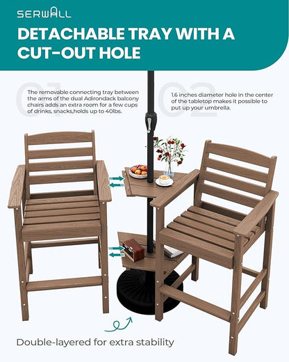 SERWALL Tall Adirondack Chairs Set of 2 with Connecting Table, Balcony Adirondack Chairs Set, Outdoor Bar Height Barstools Chair Set for Bistro, Poolside, Garden, Brown