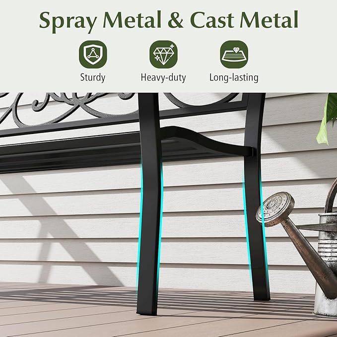 Giantex 50 Inches Outdoor Bench with Floral Pattern, Ergonomic Backrest & Slatted Surface, Metal Frame, 660lbs Capacity, 2-3 People Loveseat, Patio Bench for Park, Garden, Yard, Porch, Outside, Black
