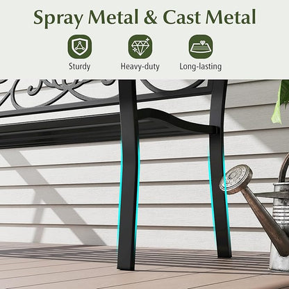 Giantex 50 Inches Outdoor Bench with Floral Pattern, Ergonomic Backrest & Slatted Surface, Metal Frame, 660lbs Capacity, 2-3 People Loveseat, Patio Bench for Park, Garden, Yard, Porch, Outside, Black
