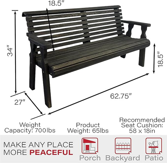 Amish Casual Heavy Duty 5 Foot Roll Back Outdoor Bench in Black Stain - Amish Made in The USA from Treated Pine for Outdoor Durability, 700 Lb Weight Capacity