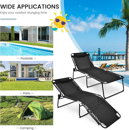 Goplus Chaise Lounge Chair Outdoor, Extra Large Folding 5-Postion Beach Lounge Chair with Detachable Pillow, Side Pocket, Sunbathing Lounge Chair, Adjustable Tanning Chair for Patio Lawn Pool Yard