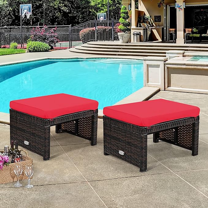 Tangkula 2 Pieces Patio Rattan Ottomans, All Weather Outdoor Footstool Footrest Seat with Soft Cushion, Hidden Zipper - Photo 2