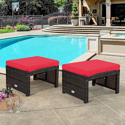 Tangkula 2 Pieces Patio Rattan Ottomans, All Weather Outdoor Footstool Footrest Seat with Soft Cushion, Hidden Zipper, High-Density Sponge, Wicker Ottoman Seat for Patio, Garden, Poolside (Red)