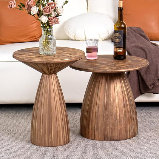 Metal Small Patio Table Set of 2, Round Outdoor Side Table, Wood Color Outdoor Accent Patio End Table, for Garden, Pool, Deck, Balcony, Yard, Living Room, Weather Resistant, No Assembly