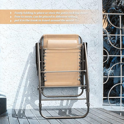 Devoko Patio Rocking Zero Gravity Chair Outdoor Wide Recliner Chair for Lawn Beach Camping Poolside with Headrest Pillow (Beige)