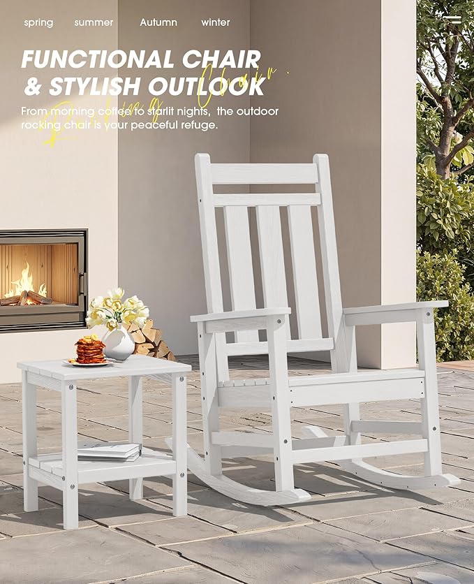 KINGYES Oversized Outdoor Rocking Chair Set of 4, All-Weather Patio Rocking Chairs for Porch, HDPE Outdoor Patio Rockers with High Back & Wide Seat for Garden, Lawn, White