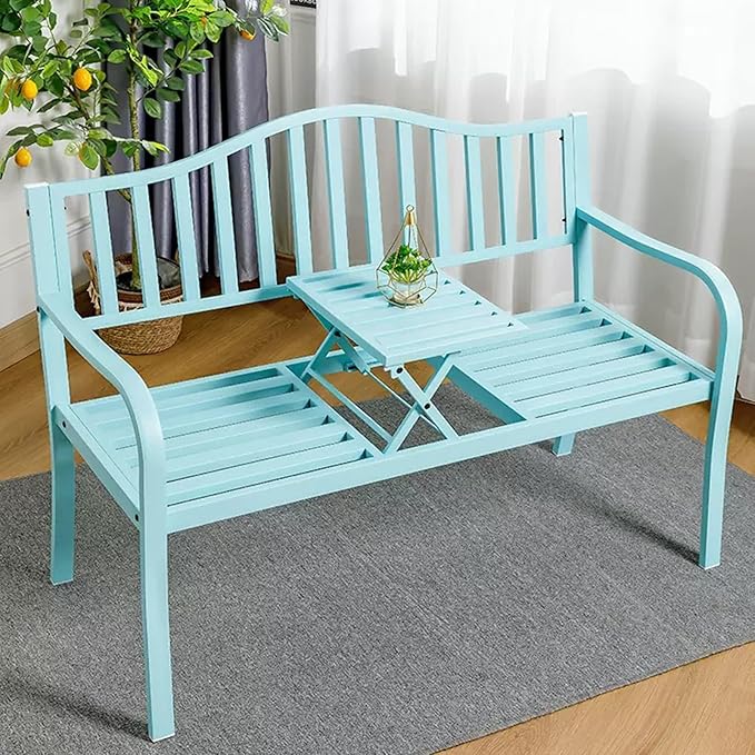 Outdoor Garden Bench with Pullout Table, Metal Park Loveseat Chair with Backrest & Armrests, Cast Iron Steel Frame for Patio, Yard, Porch - Blue Color
