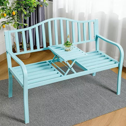 Outdoor Garden Bench with Pullout Table, Metal Park Loveseat Chair with Backrest & Armrests, Cast Iron Steel Frame for Patio, Yard, Porch - Blue Color