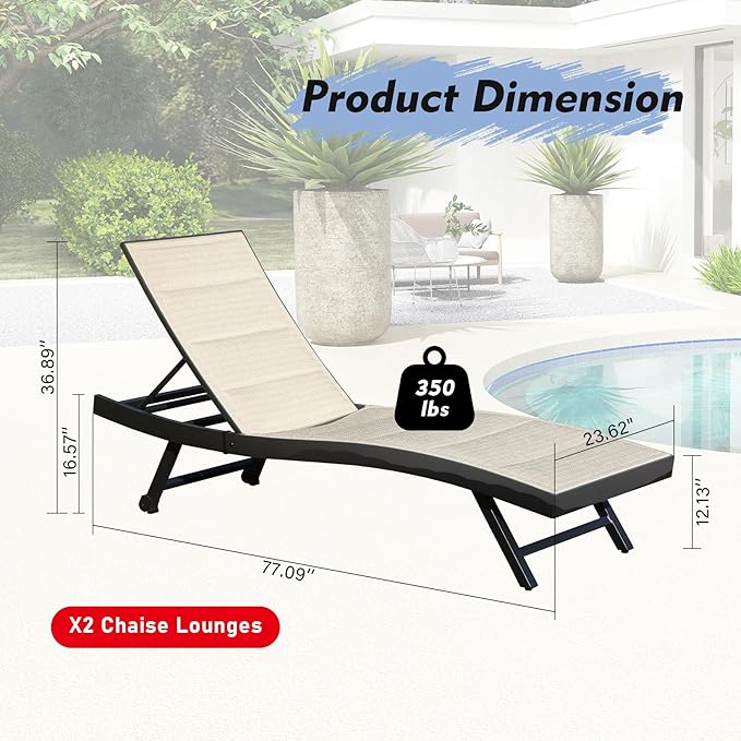 Domi Outdoor Chaise Lounge Set of 2, Aluminum Patio Lounge Chairs with Wheels, Pool Lounge Chair Oversized Lounger for Patio Pool Beach Sunbathing, Beige