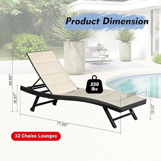 Domi Outdoor Chaise Lounge Set of 2, Aluminum Patio Lounge Chairs with Wheels, Pool Lounge Chair Oversized Lounger for Patio Pool Beach Sunbathing, Beige