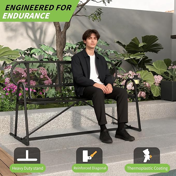 Outdoor Bench, Metal Mesh Garden Bench with Foldable Middle Table, 55" Weather Resistant Patio Park for 2-3 People, Decorative Porch Chair for Yard, Deck, and Lawn, Black