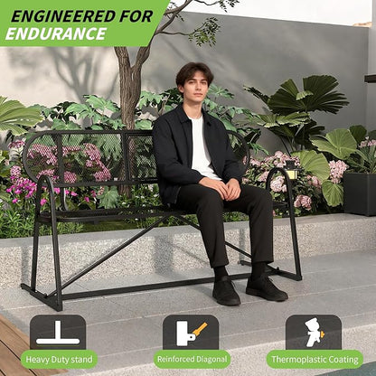 Outdoor Bench, Metal Mesh Garden Bench with Foldable Middle Table, 55" Weather Resistant Patio Park for 2-3 People, Decorative Porch Chair for Yard, Deck, and Lawn, Black