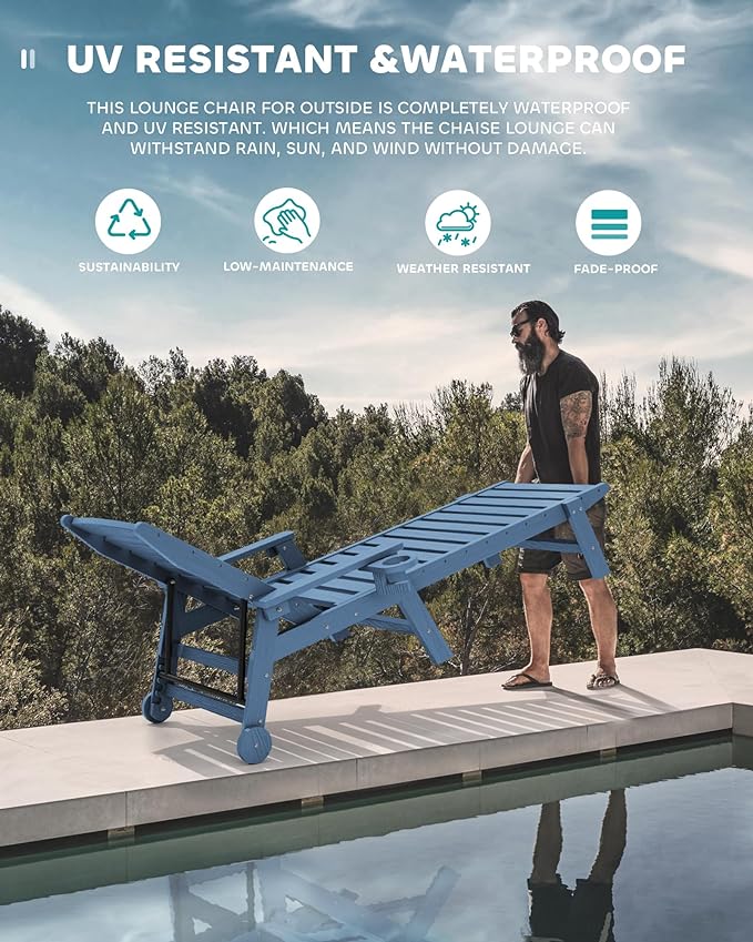 SERWALL Patio Chaise Lounge Chair Set of 2 with 9FT Patio Umbrella, 78'' HDPE Outdoor Lounger - Photo 7