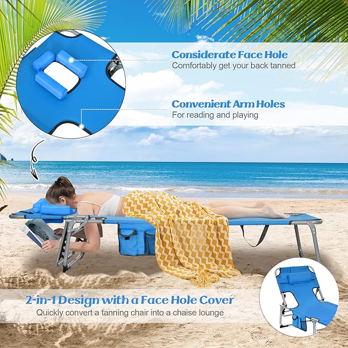 GYMAX Tanning Chair, Beach Lounge Chair with Face Hole, 5 Level Adjustable Backrest, Removable Pillow & Carry Handle - Photo 5