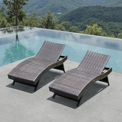 Outdoor Rattan Adjustable Back 2 Pieces Recliners, Patio Chaise Lounge Set of 2 Foldable Chairs, Patio Wicker Folding Chaise Lounges