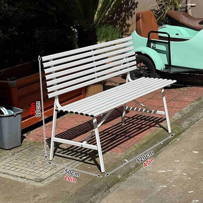 Metal Garden Bench, Patio Bench, Outdoor Benches, Porch Bench, Front Porch Bench, Outdoor Garden Bench, Sturdy and Weather-Resistant, for Porch, Lawn, Garden and Patio(White)