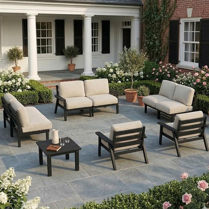 HDPE Patio Furniture Set 8 Seats, Outdoor Couch with Washable Thick Beige Cushions & Side Table, Outdoor Sectional Furniture for Backyard, Deck, Lawn, Porch (Black Frame)