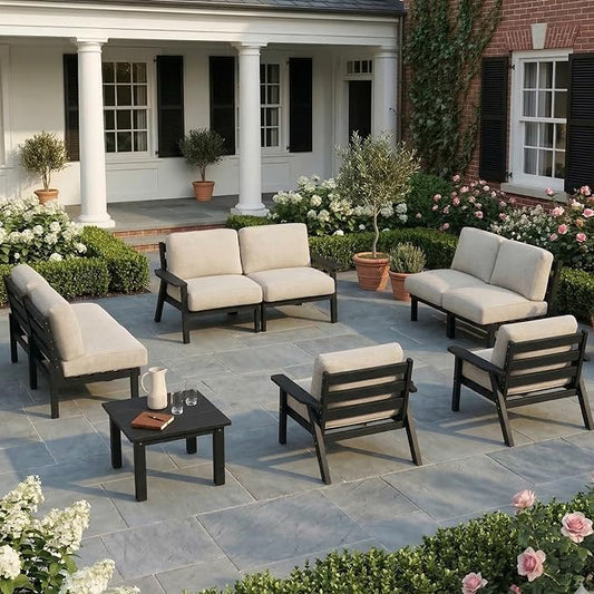 HDPE Patio Furniture Set 8 Seats, Outdoor Couch with Washable Thick Beige Cushions & Side Table, Outdoor Sectional Furniture for Backyard, Deck, Lawn, Porch (Black Frame)