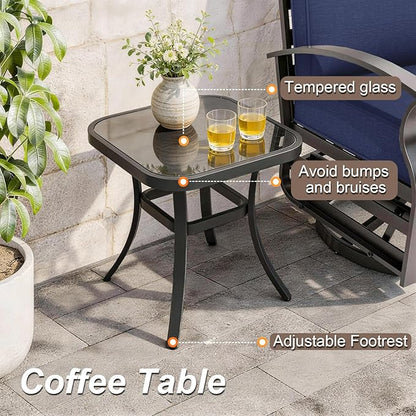 Gotland 3 Piece Patio Set, Metal Outdoor Swivel Chairs Set of 2 with 5.1’’ High-Resilience Seat Cushions Tempered Glass Coffee Table Removable Cushions for Backyard, Lawn, Porch, Navy
