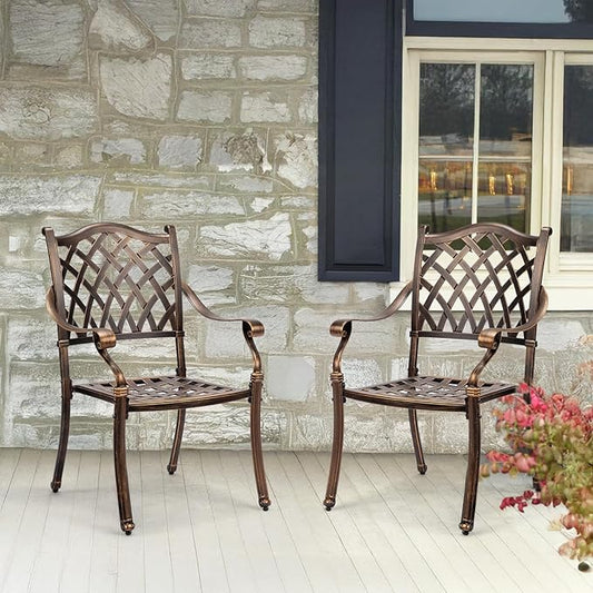 VINGLI Patio Chairs Set of 2 - Stackable Outdoor Cast Aluminum Dining Chairs with Vintage Bronze Finish and Diamond Pattern, Metal Armchairs for Poolside, Backyard, Balcony (No Cushion)