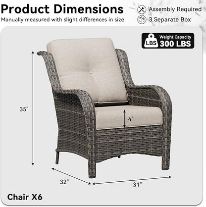 6 Piece Outdoor Wicker Patio Furniture Set, Patio Chairs Set with Thickened Olefin Cushions, High Back and Deep Seating, Hand-Woven PE Rattan for Porch, Deck