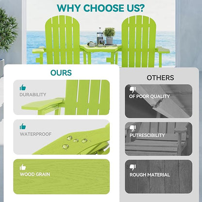 Vongrasig Adirondack Chairs Set of 2 with Removable Tabletop and Footrest, All-Weather HDPE Outdoor Chair Set with Wooden Textured, Cup Holder for Patio, Poolside, Deck, Garden, Green