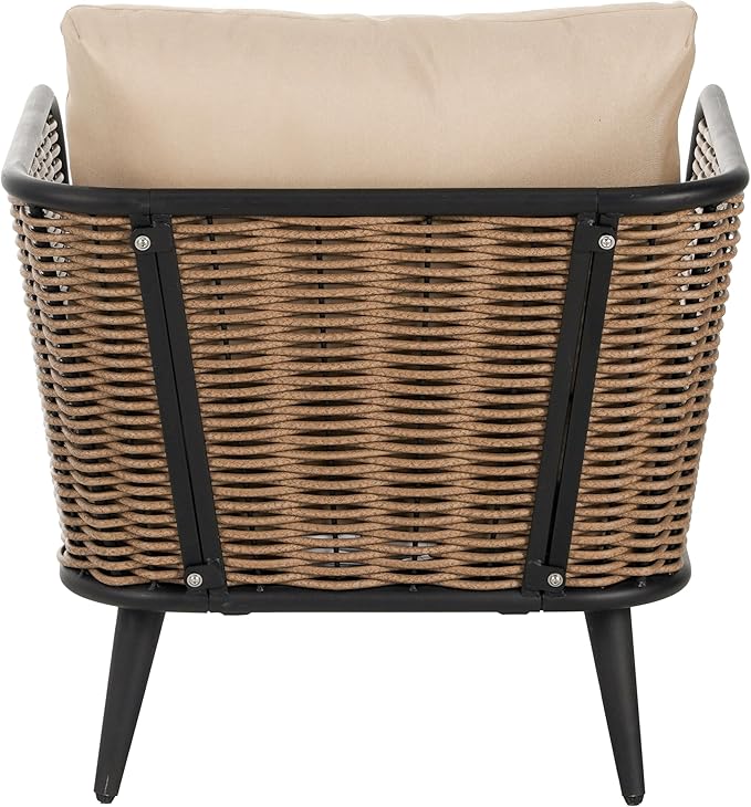 Christopher Knight Home Tobin Patio Wicker Accent Chair, Water-Resistant Cushion,Outdoor Lounge Chair,Woven Faux Rattan Backrest&Armrest,Sturdy Metal Frame Garden/Backyard Armchair,Brown+Black+Beige