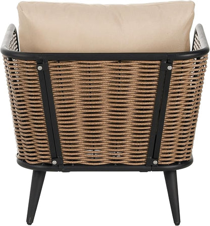 Christopher Knight Home Tobin Patio Wicker Accent Chair, Water-Resistant Cushion,Outdoor Lounge Chair,Woven Faux Rattan Backrest&Armrest,Sturdy Metal Frame Garden/Backyard Armchair,Brown+Black+Beige