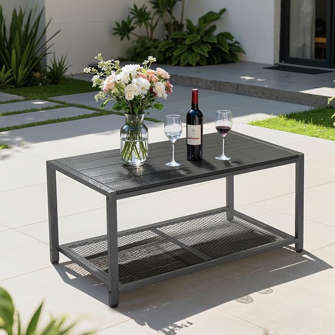 VINGLI Outdoor Coffee Table with Double-Layer Storage, Rectangle Weather-Resistant Patio Coffee Table for Garden, Balcony, Hot Tub, Poolside, Heavy-Duty Metal Frame, Black