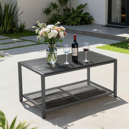 VINGLI Outdoor Coffee Table with Double-Layer Storage, Rectangle Weather-Resistant Patio Coffee Table for Garden, Balcony, Hot Tub, Poolside, Heavy-Duty Metal Frame, Black