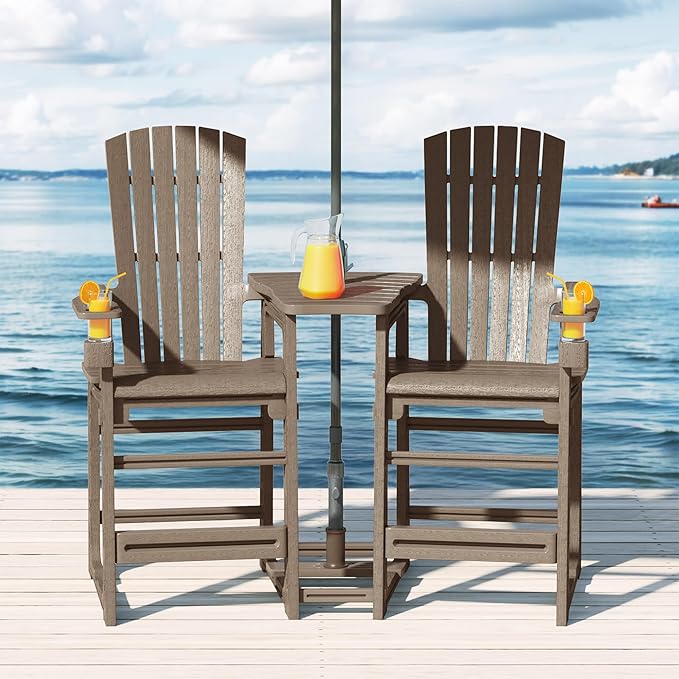 WestinTrends Azura Outdoor Tall Adirondack Chairs with Connecting Table Tray (Set of 2), Weathered Wood