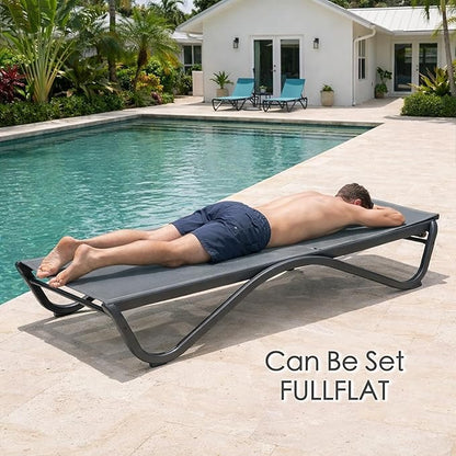 Kozyard Outdoor Chaise Lounge Chair, Full Flat Adjustable Patio Lounger with Aluminum Frame & Resin Legs, Textilene Fabric for Poolside, Backyard & Beach (Gray, 2Chairs)