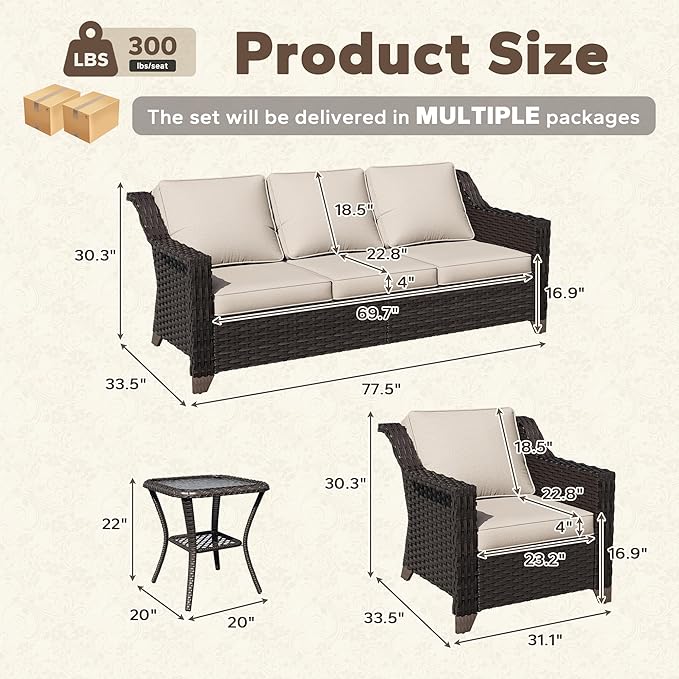 4 Pieces Patio Conversation Furniture Set - 1 Sofa, 2 Armchairs, 1 Side Table - Photo 2