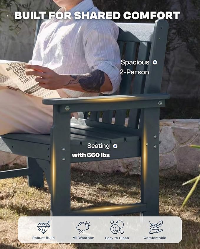 HDPE Garden Bench, All Weather 2-Person Outdoor Benches, Rust Free & Fade Resistant Patio Benches for Garden, Porch, Backyard, Deck, Lawn, Balcony, Poolside (Grey, 1 Beach)