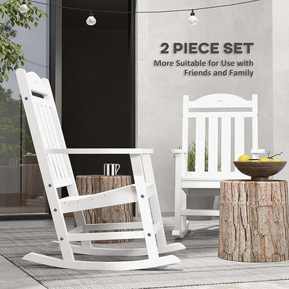 Outsunny 2 Pieces Outdoor Rocking Chair, All Weather-Resistant HDPE Rocking Patio Chairs with Rustic High Back, Armrests, Oversized Seat and Slatted Backrest, 350lbs Weight Capacity, White