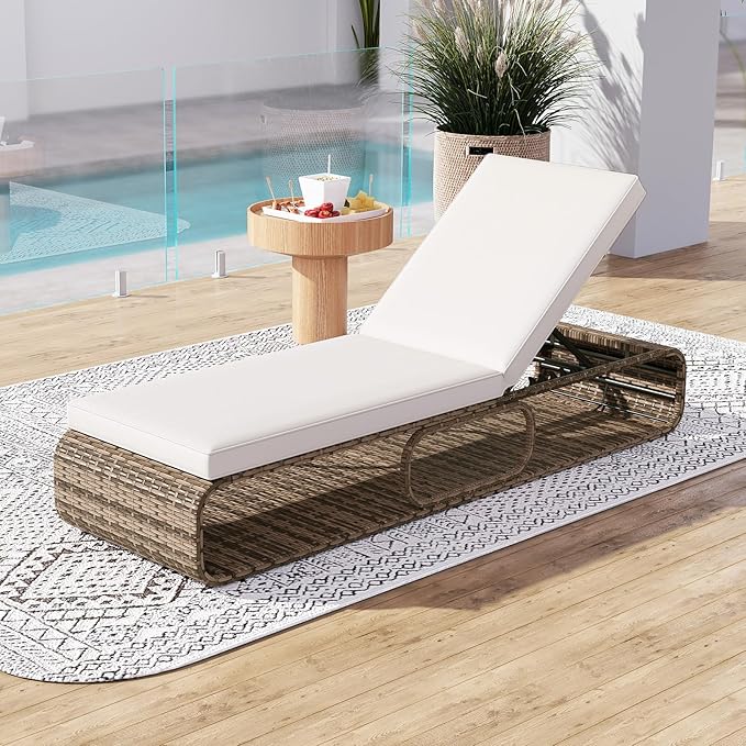 Tangkula Outdoor Chaise Lounge Chair, 7-Position PE Wicker Patio Reclining Sun Lounger with Adjustable Backrest, Cushion and Storage, Pool Sunbathing Recliner for Poolside, Backyard (2, Off White)